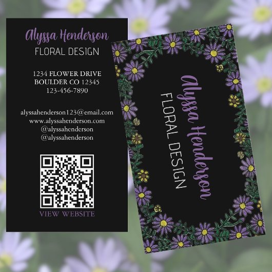 Elegant Purple & Yellow Floral QR Code Florist 名刺
