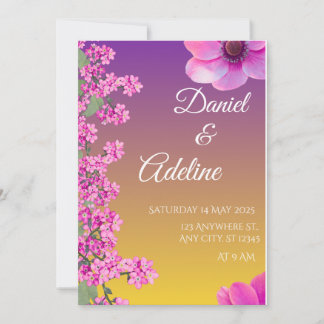 Elegant Purple Yellow Floral Wedding Invitation 招待状