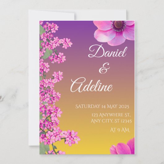 Elegant Purple Yellow Floral Wedding Invitation 招待状 (正面)