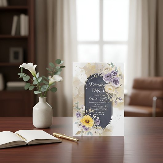 Elegant Purple Yellow Gold Floral Watercolor Retir 招待状