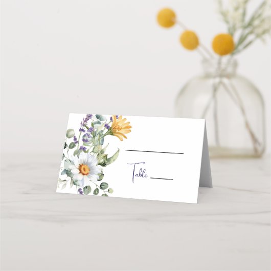 Elegant Purple Yellow Wildflower Wedding プレイスカード (正面)