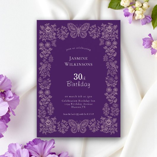 Elegant qr cod Floral Butterfly 30 Birthday Invite 招待状
