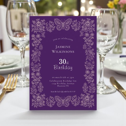 Elegant qr cod Floral Butterfly 30 Birthday Invite 招待状