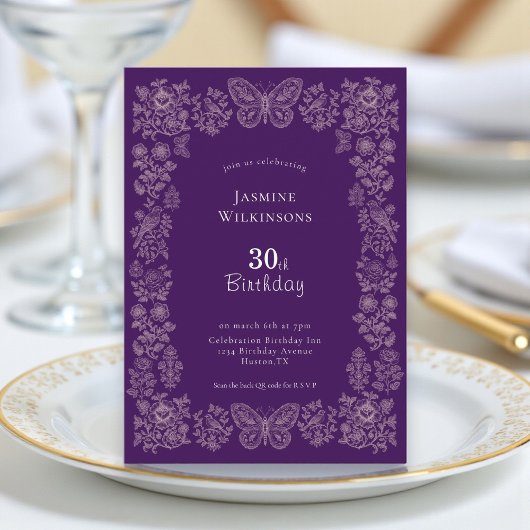 Elegant qr cod Floral Butterfly 30 Birthday Invite 招待状