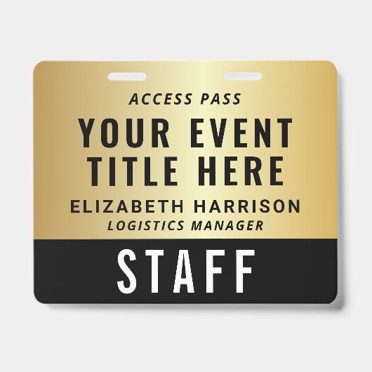 Elegant QR Code Black Gold Event Access Pass ID バッジ (正面)