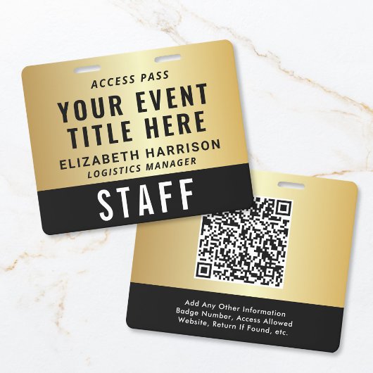 Elegant QR Code Black Gold Event Access Pass ID バッジ