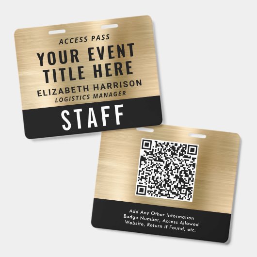 Elegant QR Code Black Gold Event Access Pass ID バッジ (正面＆裏面)