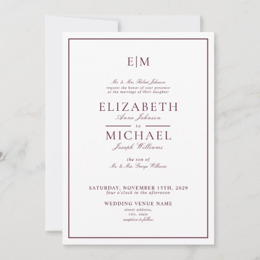 Elegant QR Code Burgundy Classic Monogram Wedding 招待状 (正面)