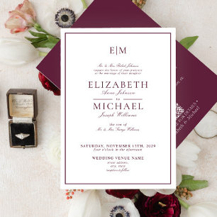 Elegant QR Code Burgundy Classic Monogram Wedding 招待状