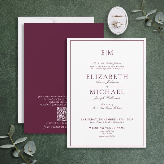 Elegant QR Code Burgundy Classic Monogram Wedding 招待状
