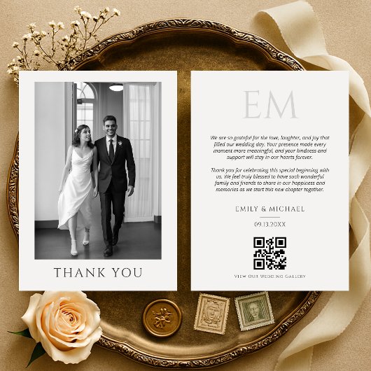 Elegant QR Code Wedding Photo Monogram Thank You サンキューカード