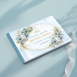 Elegant Quince Guest Book Boho Blue Gold Botanical ゲストブック