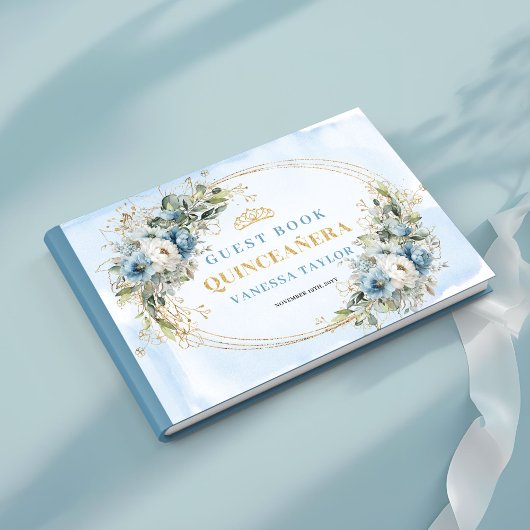 Elegant Quince Guest Book Boho Blue Gold Botanical ゲストブック