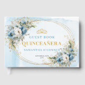 Elegant Quince Guest Book Boho Blue Gold Botanical ゲストブック (正面)