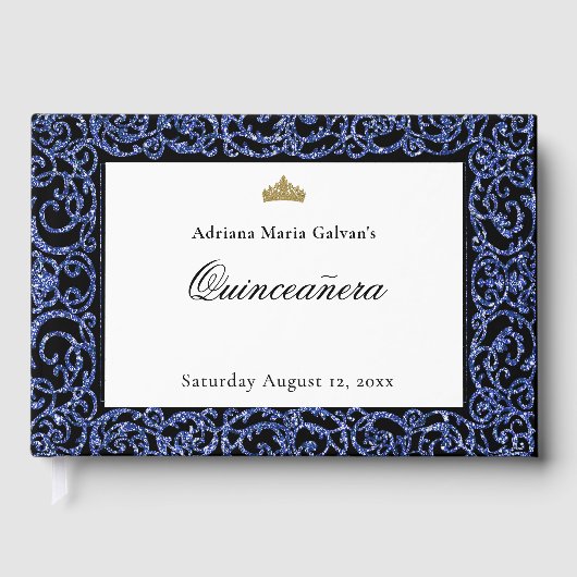 Elegant Quinceanera Blue Scrollwork Guest Book ゲストブック (正面)