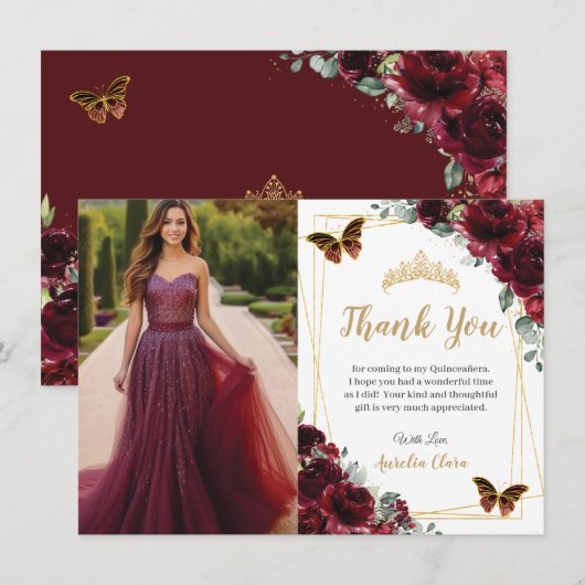Elegant Quinceañera Burgundy Roses Floral Photo  サンキューカード (正面/裏面)