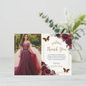 Elegant Quinceañera Burgundy Roses Floral Photo  サンキューカード (スタンド正面)