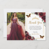 Elegant Quinceañera Burgundy Roses Floral Photo  サンキューカード (正面)