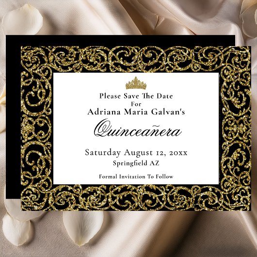 Elegant Quinceanera Gold Scrollwork Save The Date セーブザデート