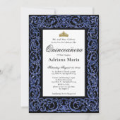 Elegant Quinceanera Invitation Blue Scrollwork 招待状 (正面)
