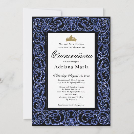 Elegant Quinceanera Invitation Blue Scrollwork 招待状 (正面)