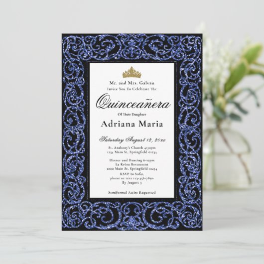Elegant Quinceanera Invitation Blue Scrollwork 招待状 (スタンド正面)