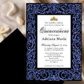 Elegant Quinceanera Invitation Blue Scrollwork 招待状