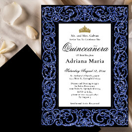Elegant Quinceanera Invitation Blue Scrollwork 招待状