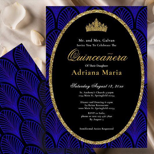 Elegant Quinceanera Invitation Gold Blue Art Deco 招待状