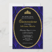 Elegant Quinceanera Invitation Gold Blue Art Deco 招待状 (正面)