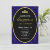 Elegant Quinceanera Invitation Gold Blue Art Deco 招待状 (スタンド正面)