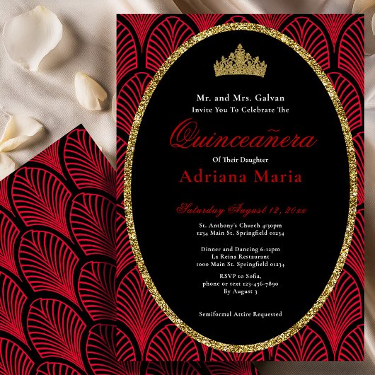 Elegant Quinceanera Invitation Gold Red Art Deco 招待状