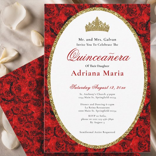 Elegant Quinceanera Invitation Gold Red Floral  招待状