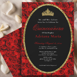 Elegant Quinceanera Invitation Gold Red Floral  招待状