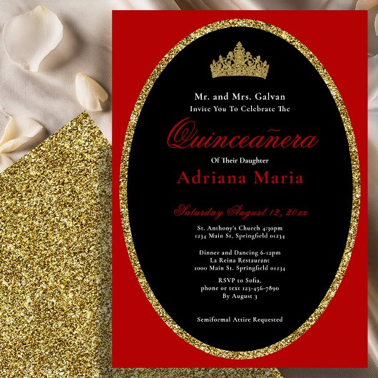 Elegant Quinceanera Invitation Gold Red Glitter 招待状