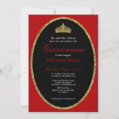 Elegant Quinceanera Invitation Gold Red Glitter 招待状 (正面)