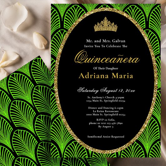 Elegant Quinceanera Invitation Green Art Deco 招待状