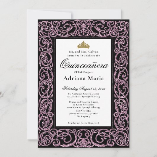 Elegant Quinceanera Invitation Pink Scrollwork 招待状 (正面)