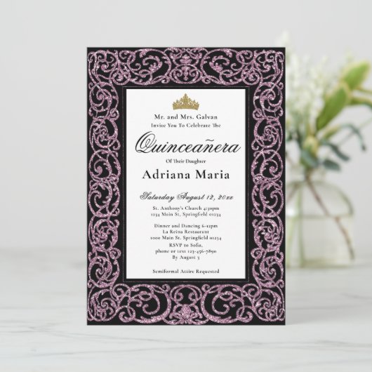 Elegant Quinceanera Invitation Pink Scrollwork 招待状 (スタンド正面)