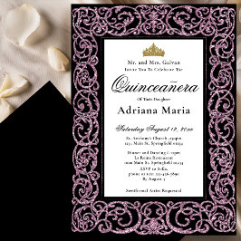 Elegant Quinceanera Invitation Pink Scrollwork 招待状