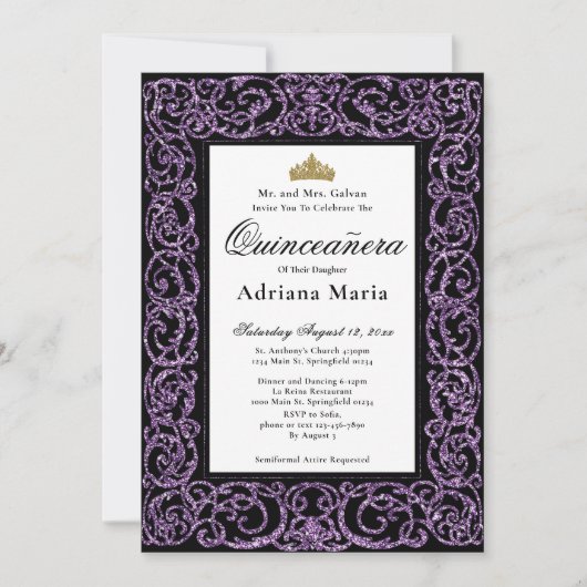 Elegant Quinceanera Invitation Purple Scrollwork 招待状 (正面)