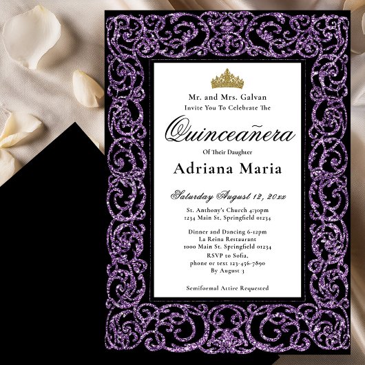 Elegant Quinceanera Invitation Purple Scrollwork 招待状