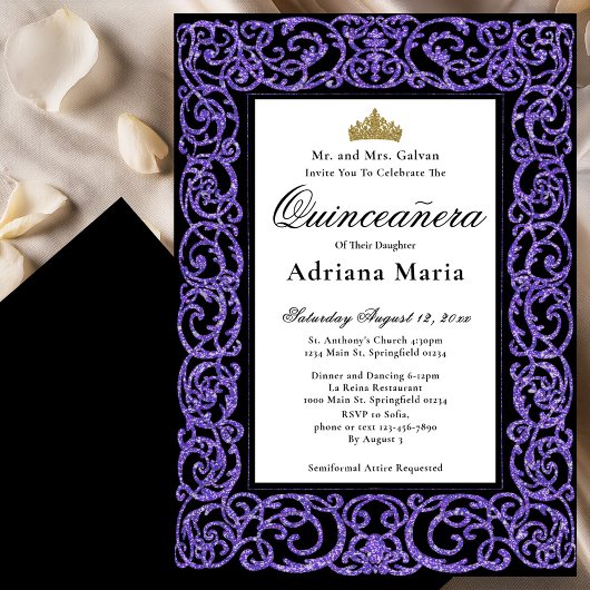 Elegant Quinceanera Invitation Purple Scrollwork 招待状