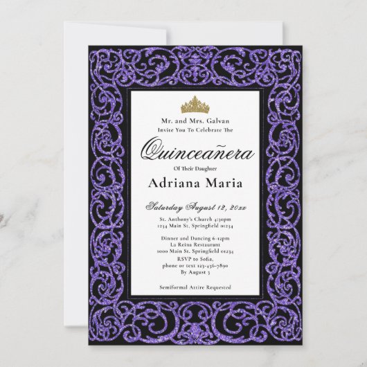 Elegant Quinceanera Invitation Purple Scrollwork 招待状 (正面)