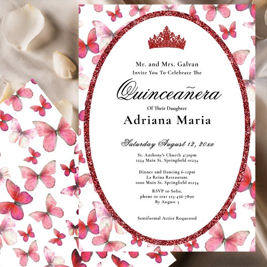 Elegant Quinceanera Invitation Red Butterflies 招待状