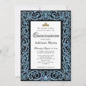 Elegant Quinceanera Invitation Sky Blue Scrollwork 招待状 (正面)