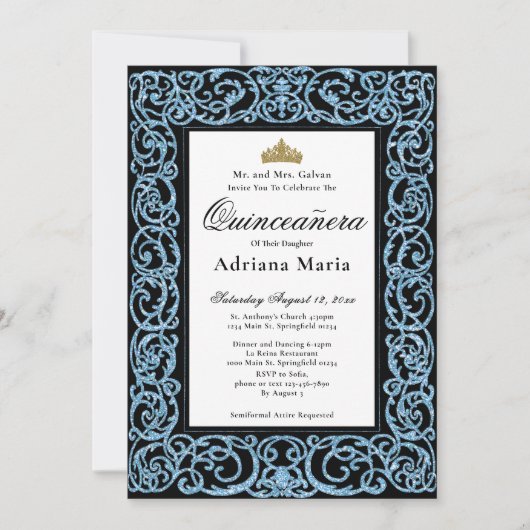 Elegant Quinceanera Invitation Sky Blue Scrollwork 招待状 (正面)