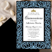 Elegant Quinceanera Invitation Sky Blue Scrollwork 招待状