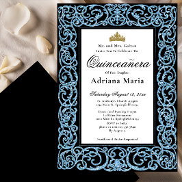 Elegant Quinceanera Invitation Sky Blue Scrollwork 招待状