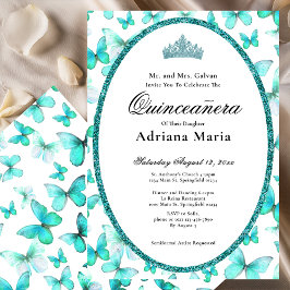 Elegant Quinceanera Invitation Teal Butterflies 招待状